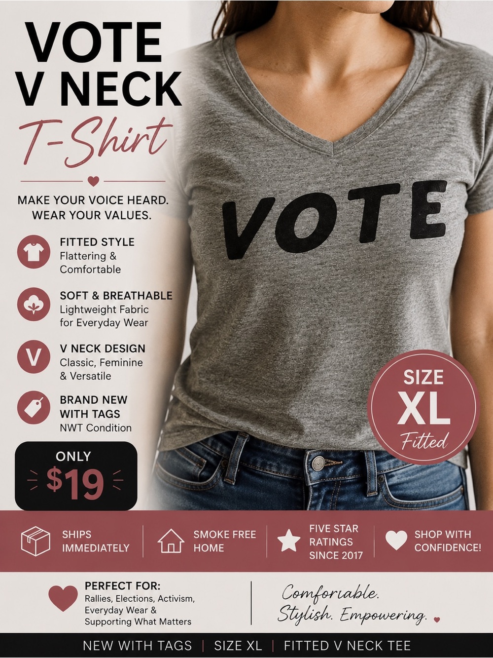 Vote V-Neck T-Shirt - Gray Fitted - Women’s Political Tee